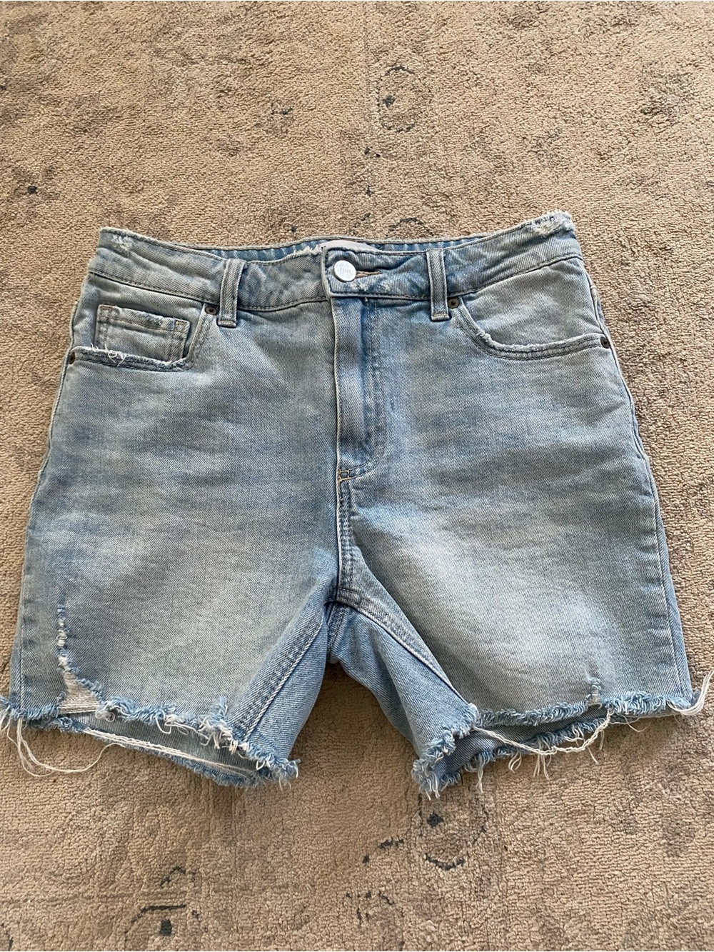 Paige Sarah Longline Short Delaney Distressed Raw Hem Midrise Light Wash